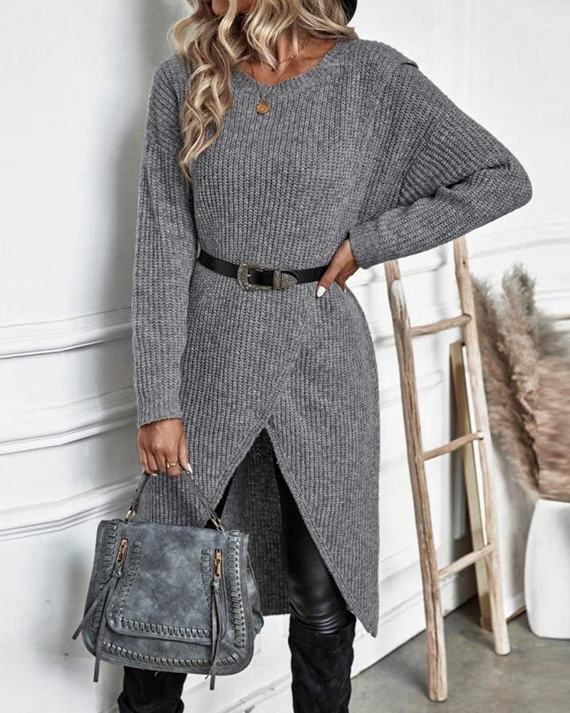 Women's Long Sleeve Sweater Dress with Crossover Split Hem