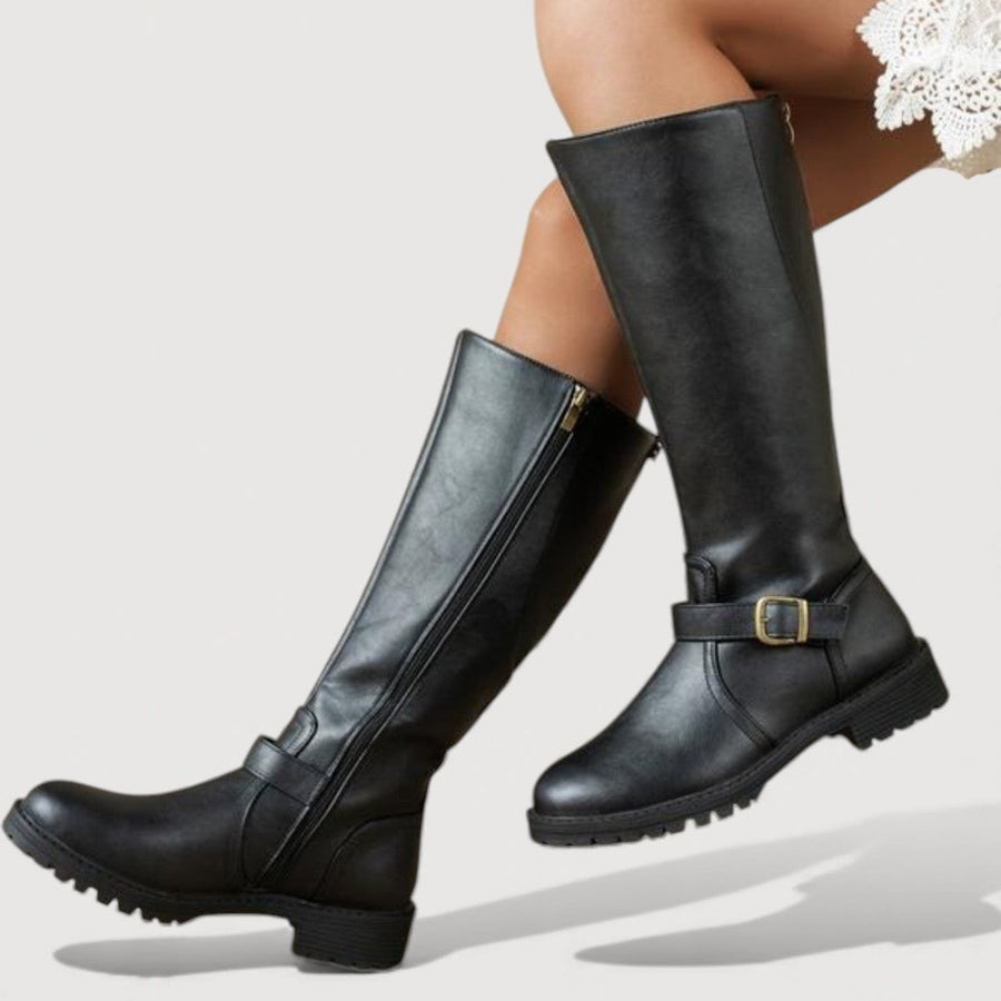 Women's Knee High Boots with an Ankle Buckle Strap