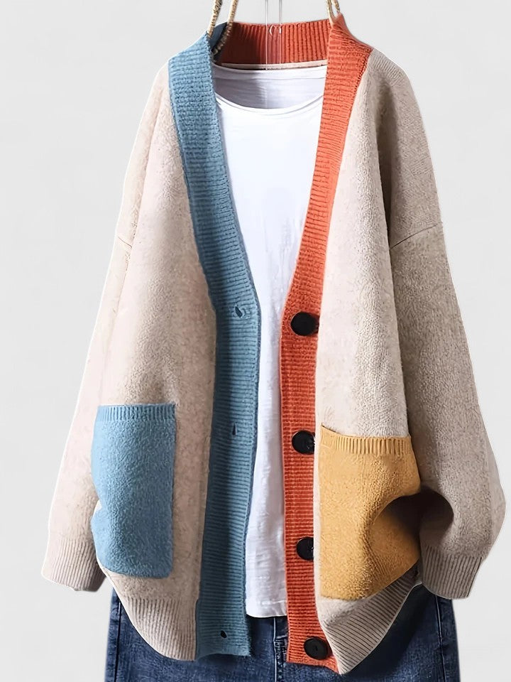 Women's Oversized Cardigan with Contrast Trim and Patch Pockets