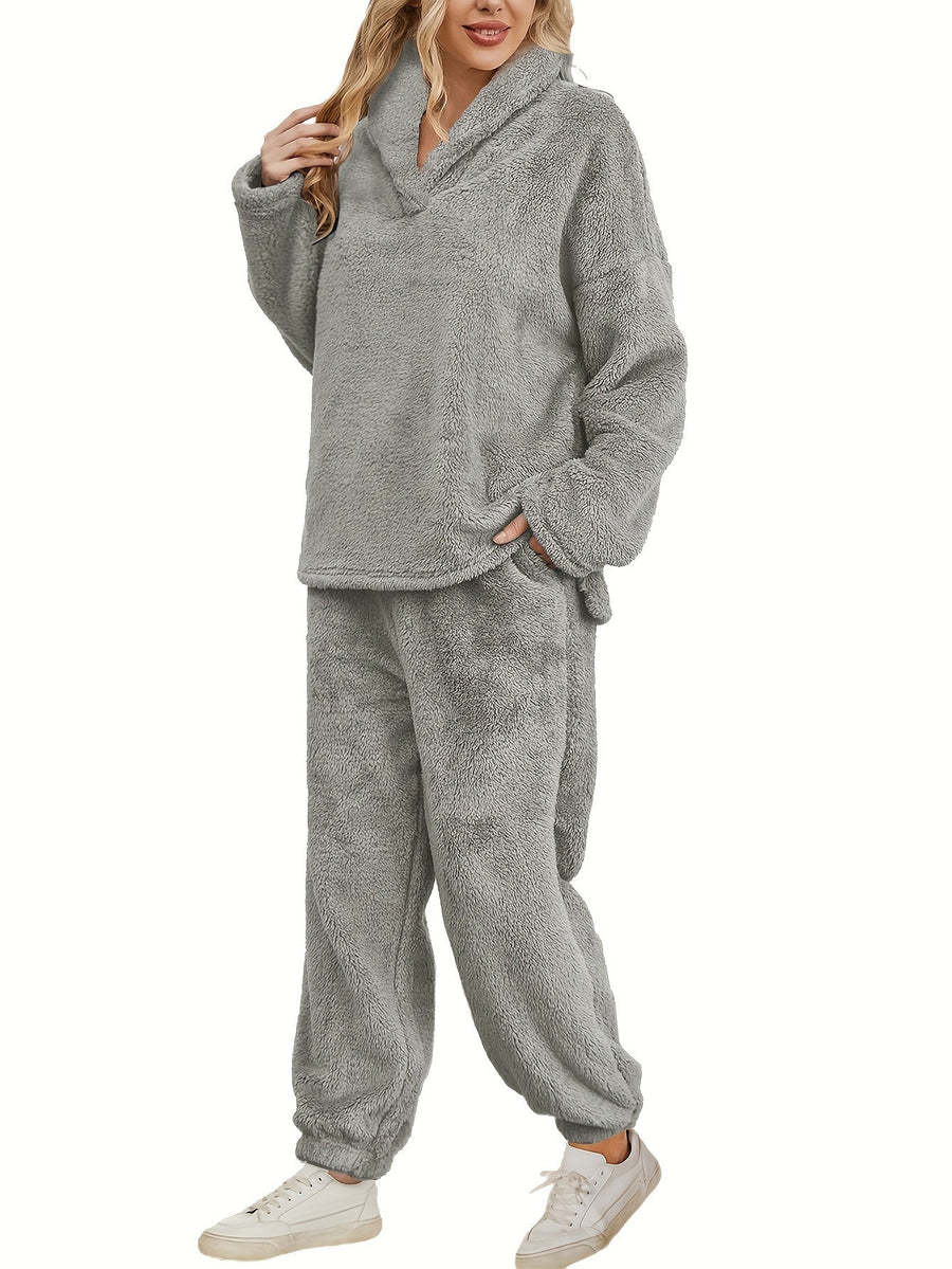 Women's Fleece Loungewear Set Shawl Collar Top and Pants
