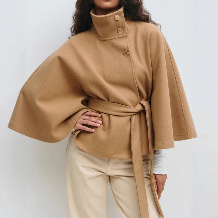 Women's Belted Cape Coat with Stand Collar and Button Closure