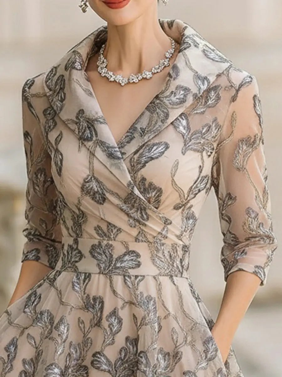 Women's Wedding Guest Dress Floral Midi Wrap Shawl Collar 3/4 Sleeve