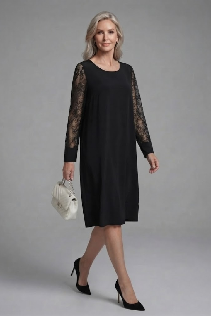 Women's Wedding Guest Dress Black Lace Sleeve Midi Shift Round Neck