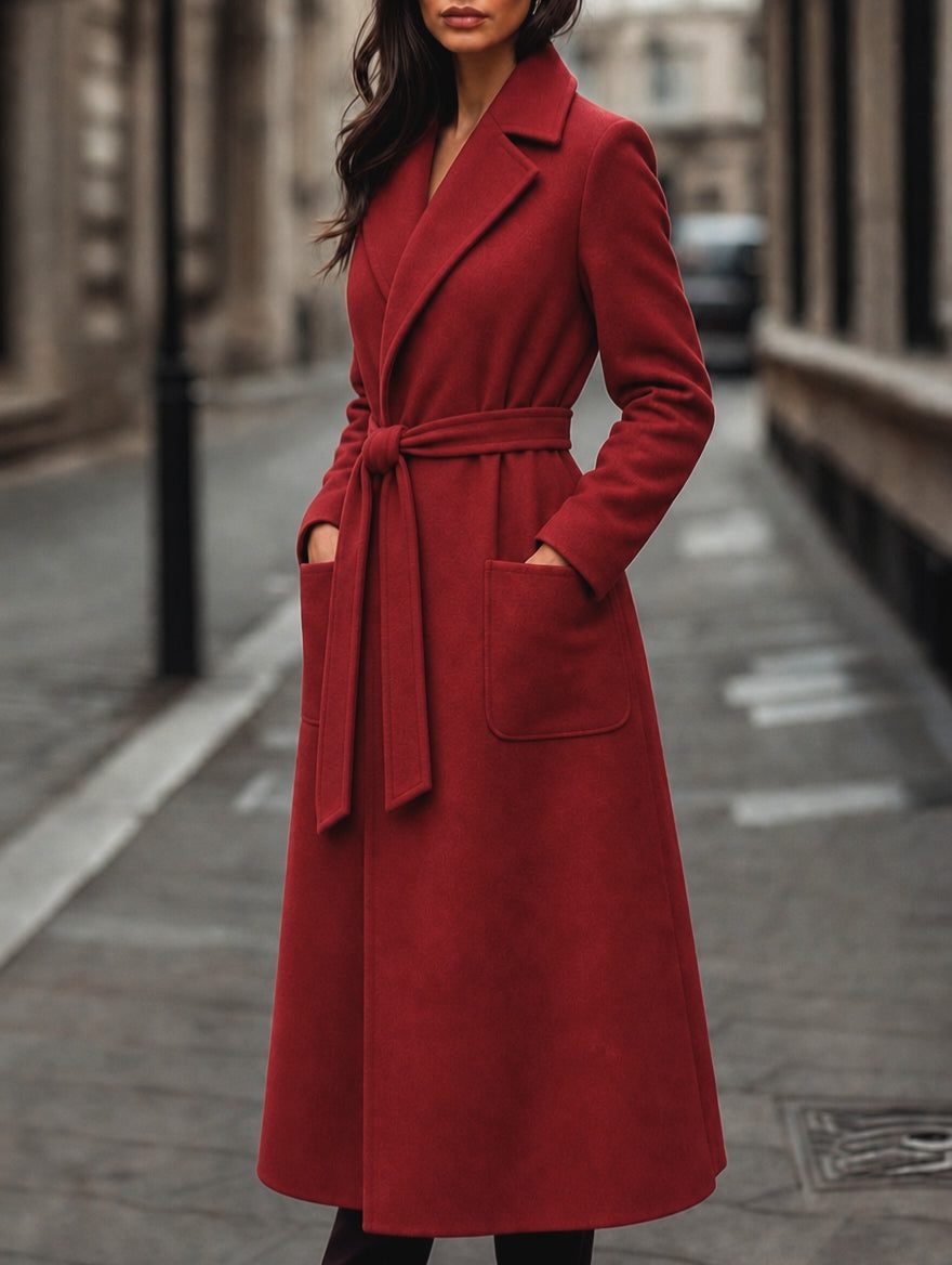 Women's Red Long Belted Coat with Wide Collar