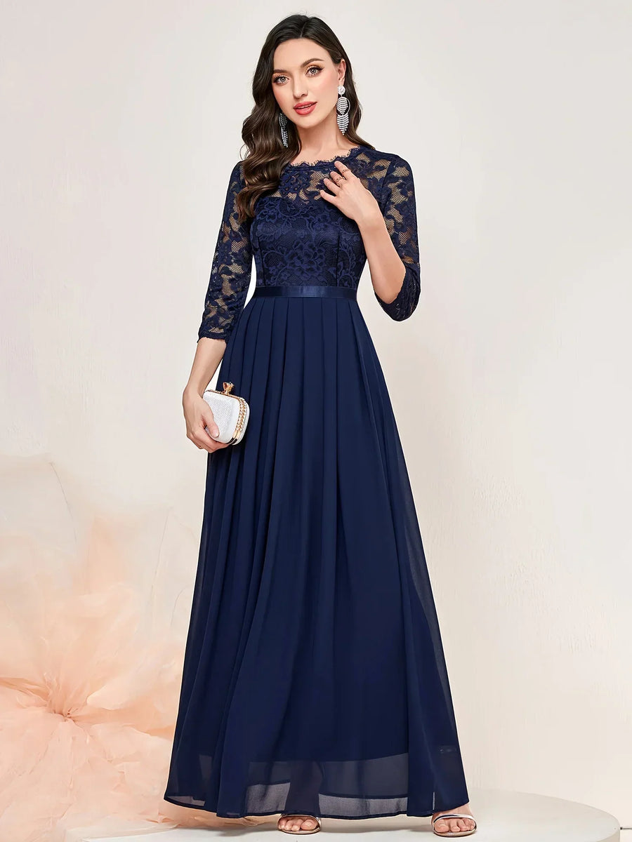 Women's Lace Overlay Maxi Dress with 3/4 Sleeves