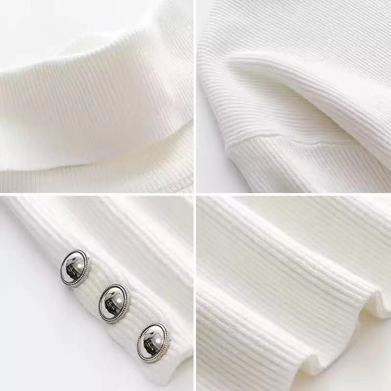 Women's Ribbed Turtleneck Sweater with Button Sleeve Detail