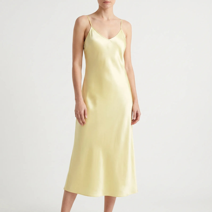 Women's Satin Slip Midi Dress with V Neckline