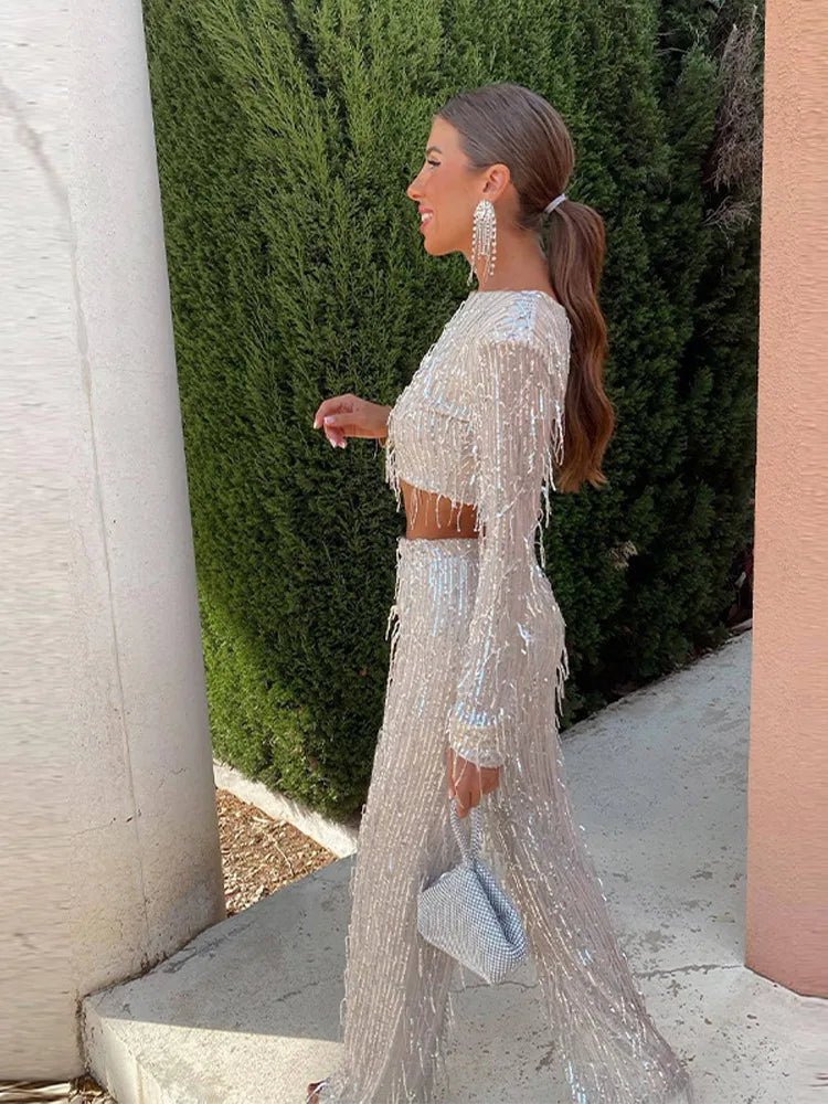 Women's Sequin Two Piece Set with Fringe Detail