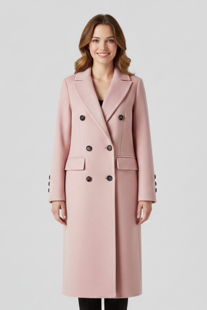 Women's Long Double Breasted Coat with Notched Lapels and Flap Pockets