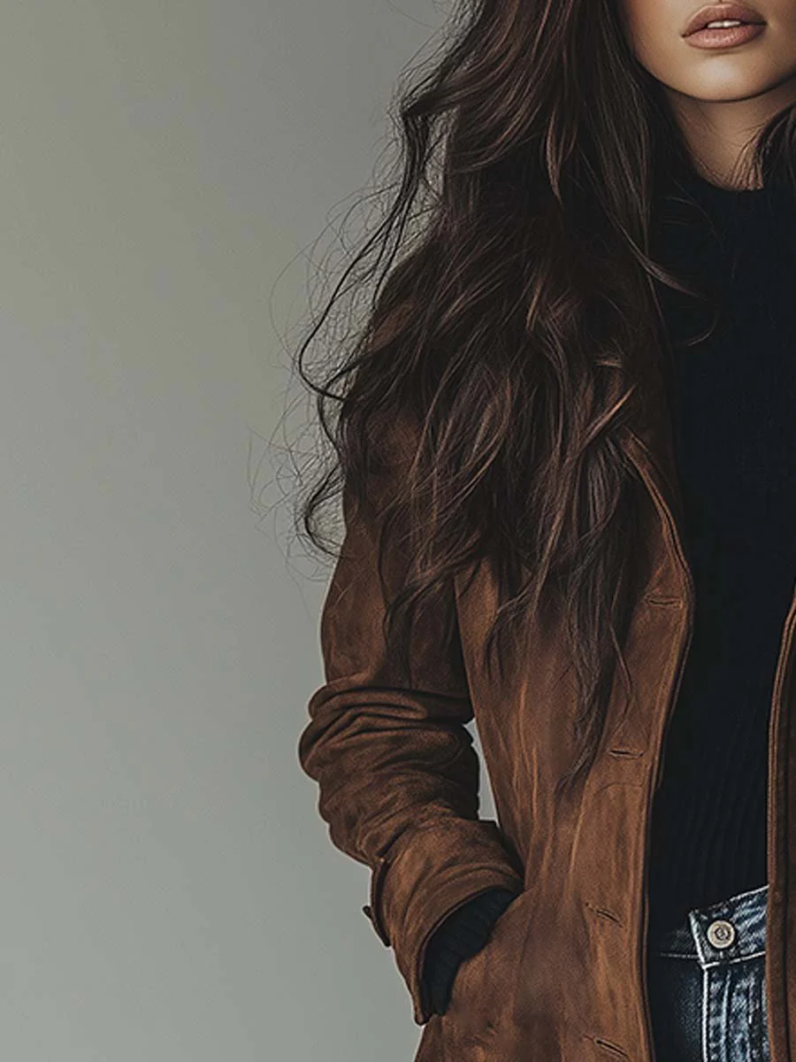 Women's Trench Coat with Down Filling and Suede