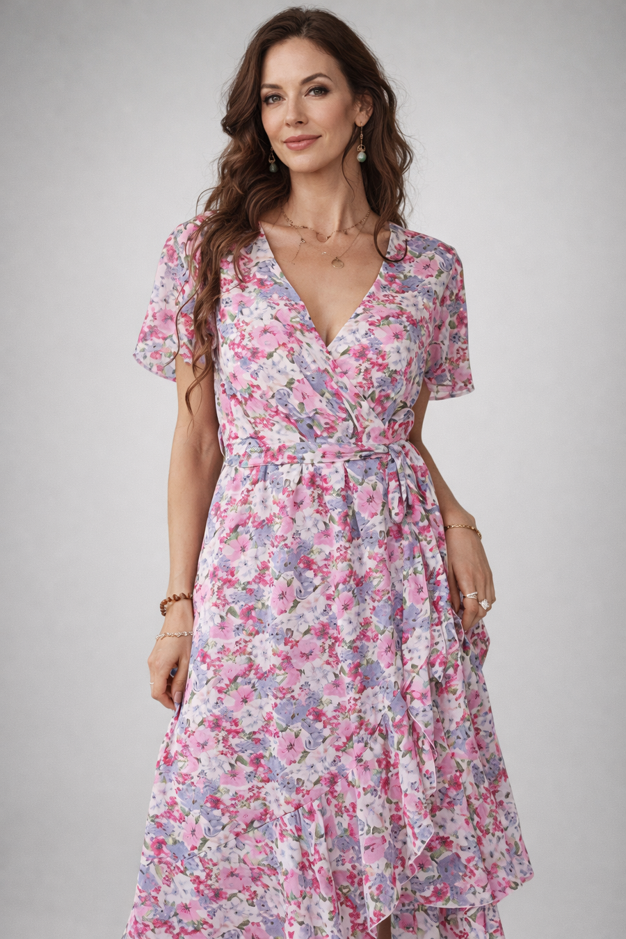 Women's Floral Belted Wrap Dress – V-Neck Midi Occasion Dress