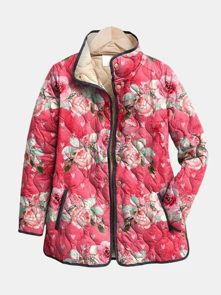 Women's Oversized Quilted Jacket with Pink Floral Print