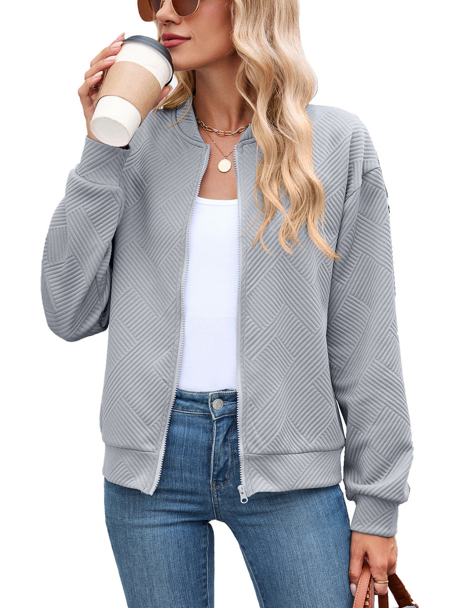 Women's Quilted Bomber Jacket with Stand Collar and Zip Front