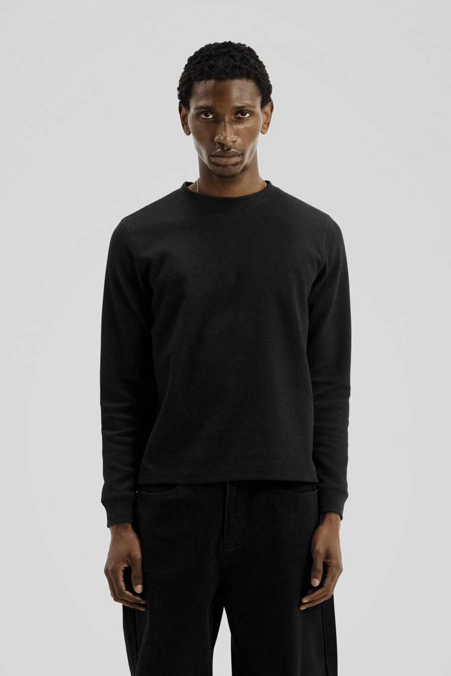 Men's Black Long Sleeve Crew Neck Top, Textured Finish