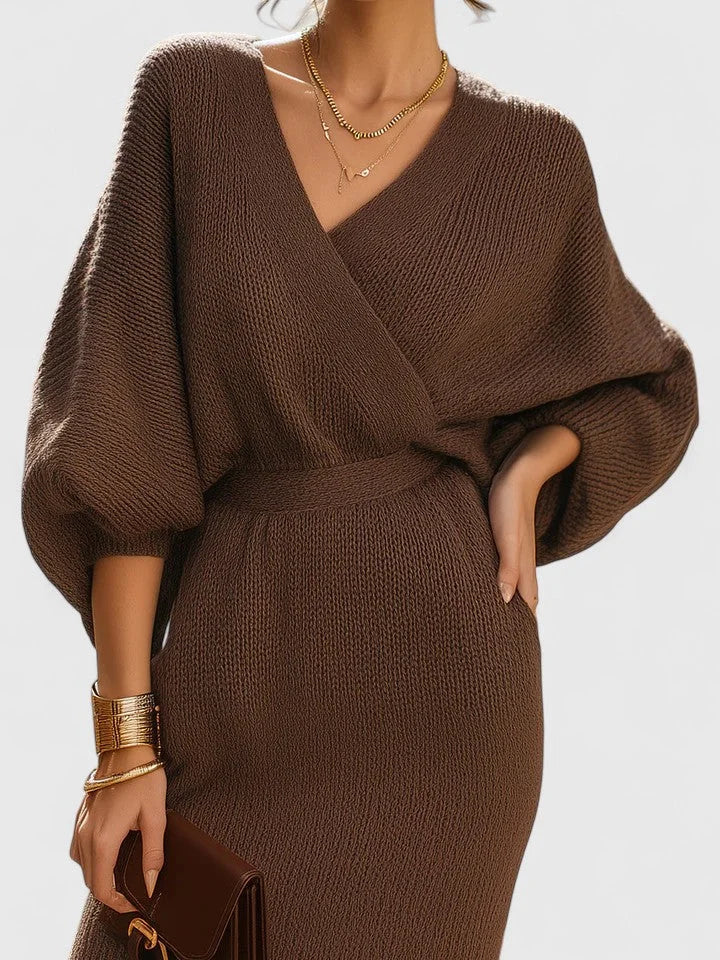 Women's knit wrap v-neck midi dress with voluminous sleeves