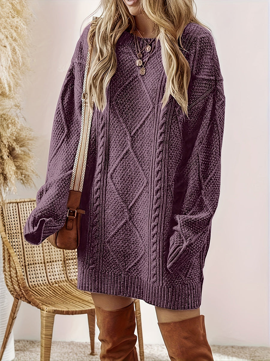 Women's Cable Knit Sweater Dress with Diamond Texture