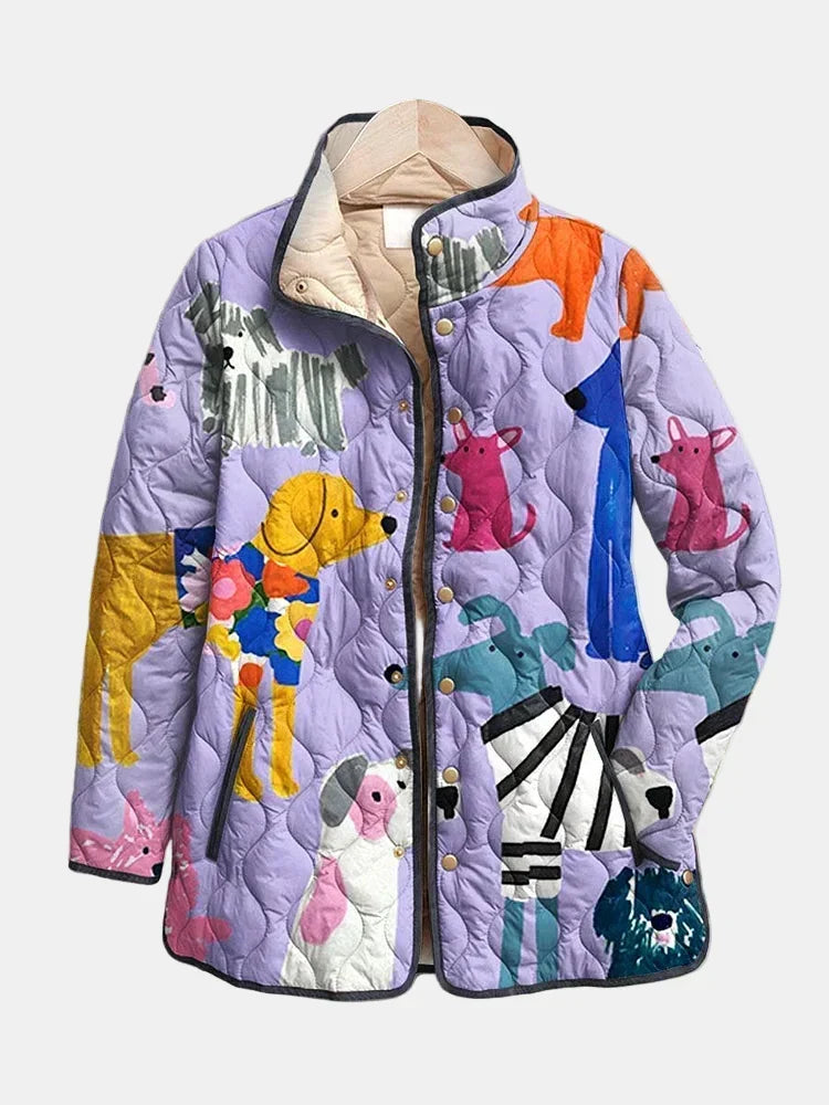Women's Oversized Quilted Jacket with Colorful Artwork Print