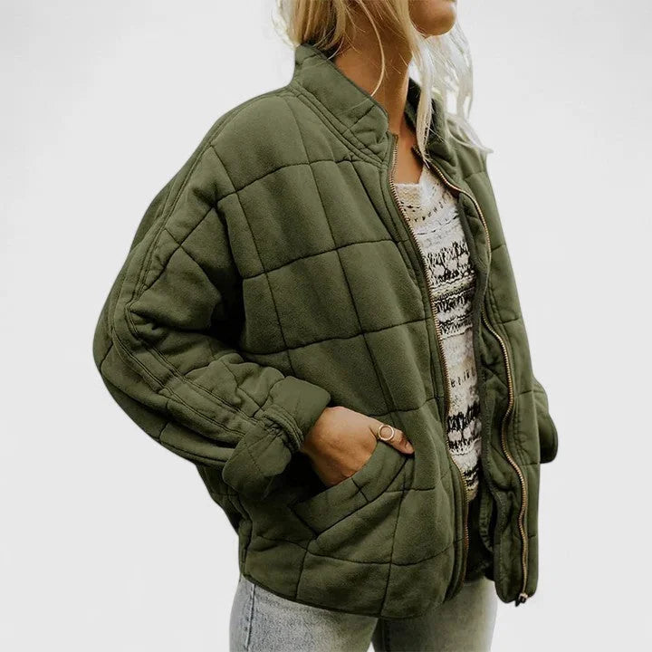 Women's zip-up stand collar puffer jacket with quilted box pattern