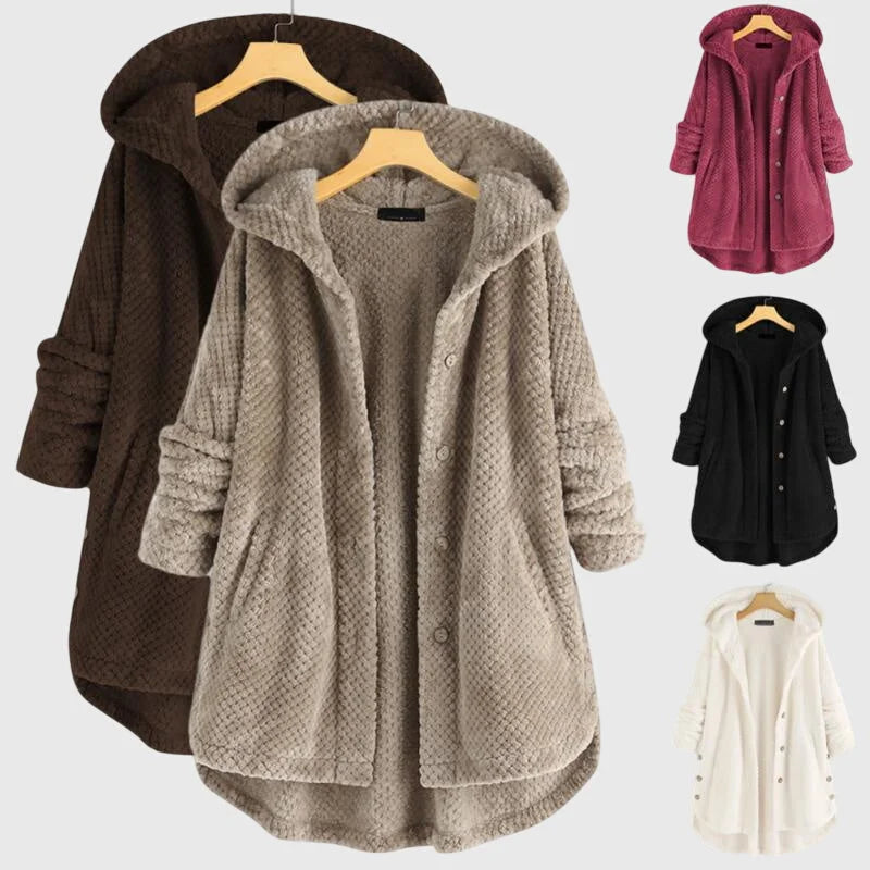 Women's borg button-front hooded long coat with curved hem
