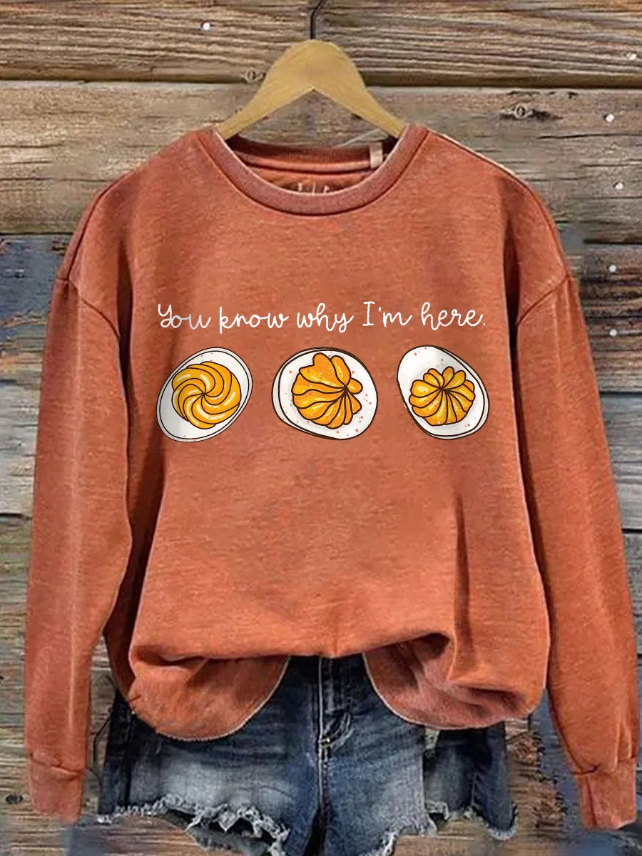 Women's cotton crew neck sweatshirt with deviled egg graphic print