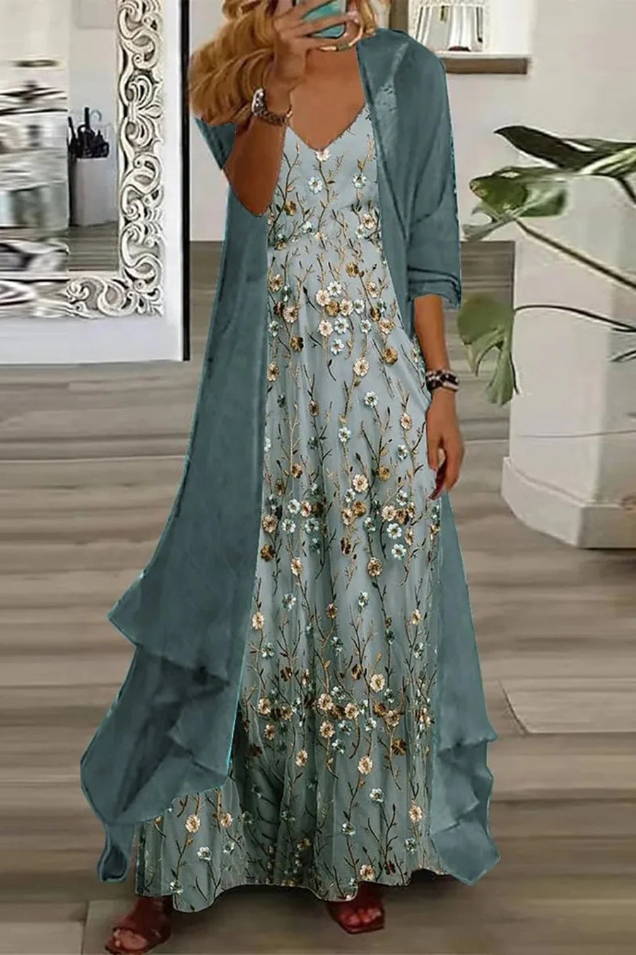 Women's Floral Maxi Dress Set V-Neck with Duster Cardigan