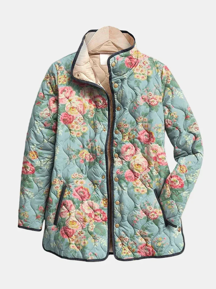 Women's floral zip-up stand collar quilted jacket with contrast piping