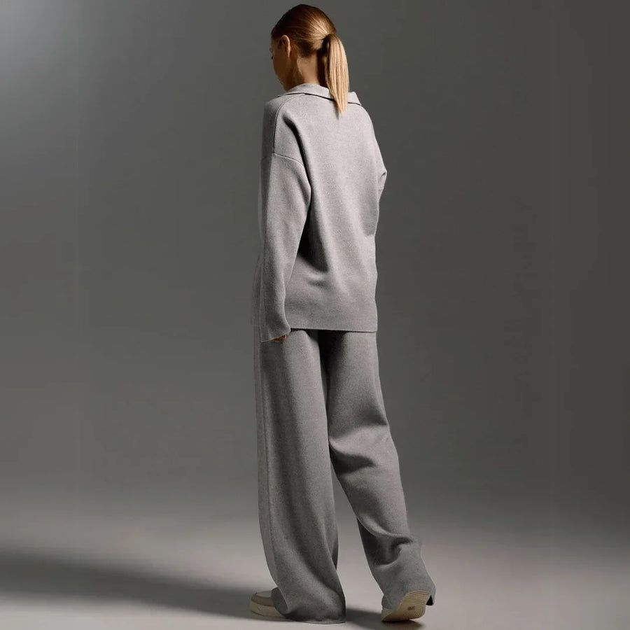 Women's knit half-zip collared two piece set with wide leg pants
