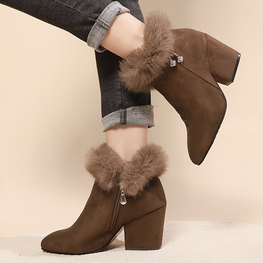 Women's Faux Fur Trim Ankle Boots with Block Heel