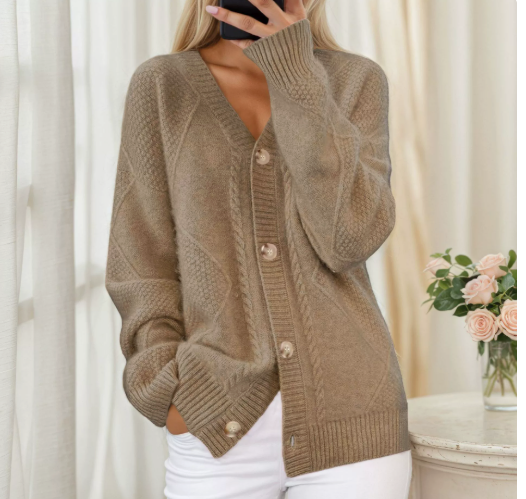 Women's Cable Knit V-Neck Cardigan Sweater with Button Front