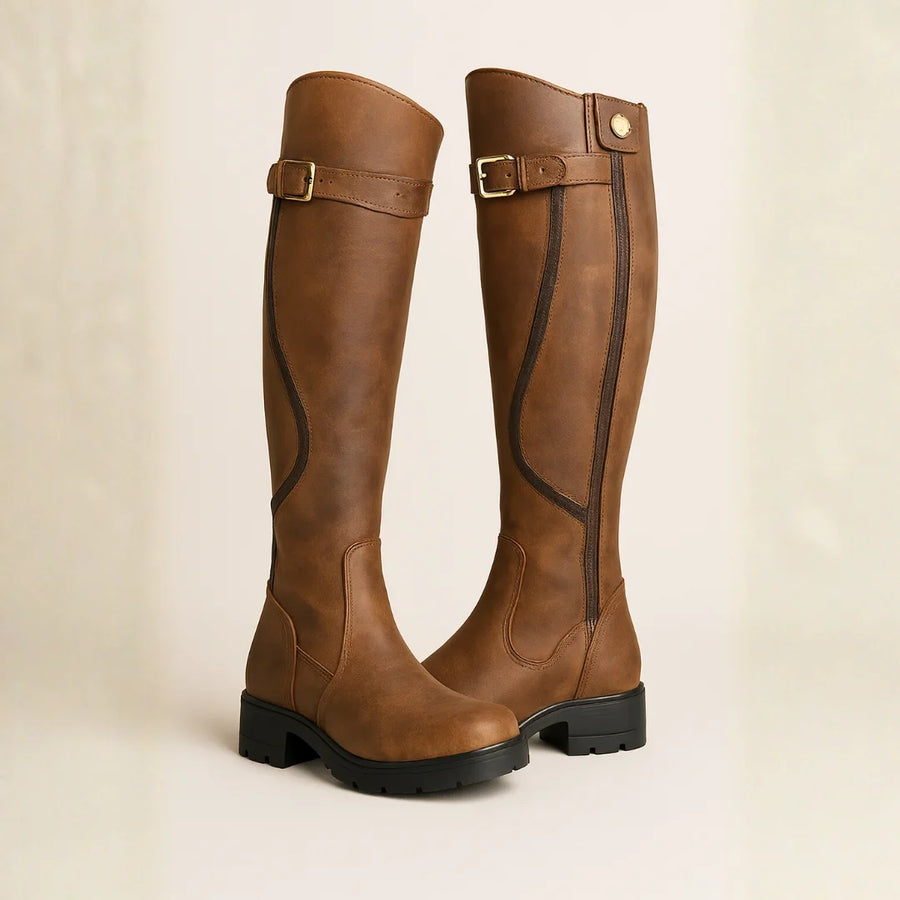 Women's faux leather side zip knee high boots with buckle strap