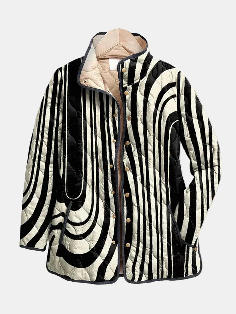 Women's Oversized Quilted Jacket with Black and White Swirl Print