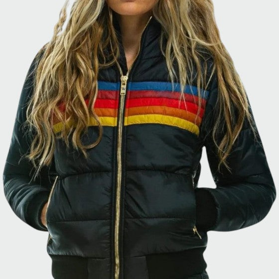 Women's Puffer Jacket with Quilted Panels and Hood
