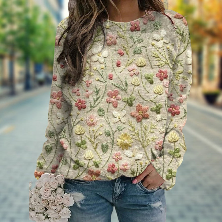 Women's Beige Floral Embroidered Cotton Sweater with Crew Neck