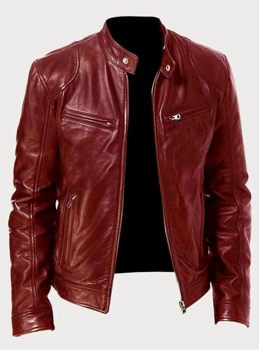 Men's Classic Moto Style Jacket Slim-Fit Zip-Up Leather Biker