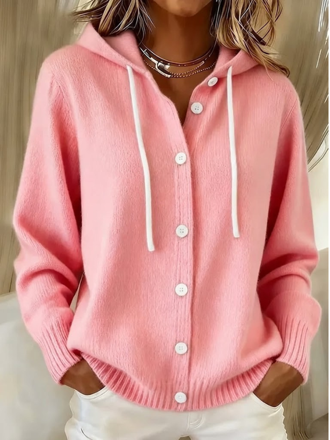 Women's Hooded Cardigan Sweater with Ribbed Knit and Button Front