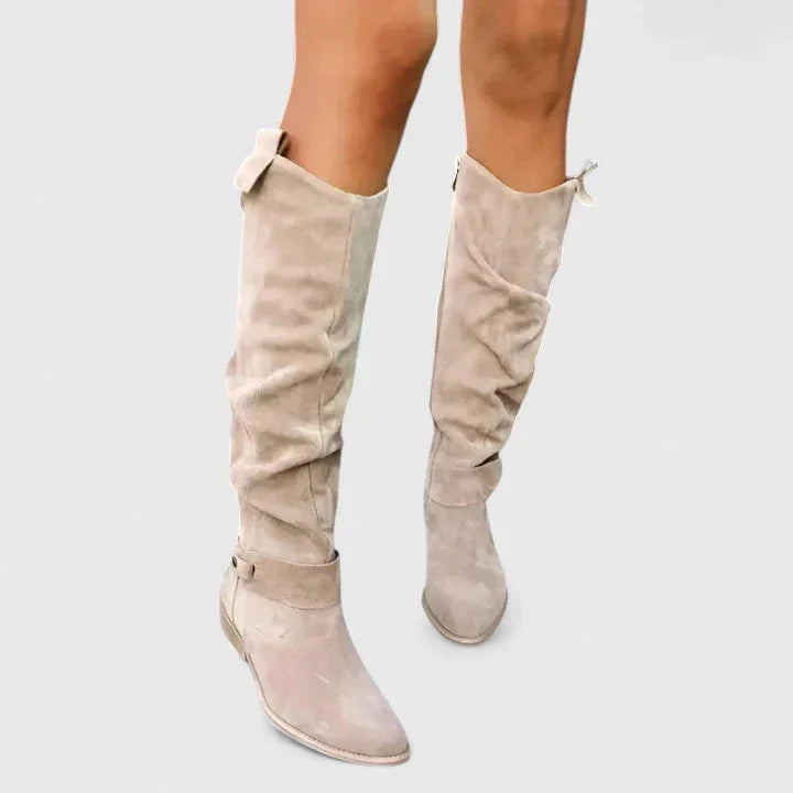 Women's suede side zip orthopedic knee high boots with buckle strap detail