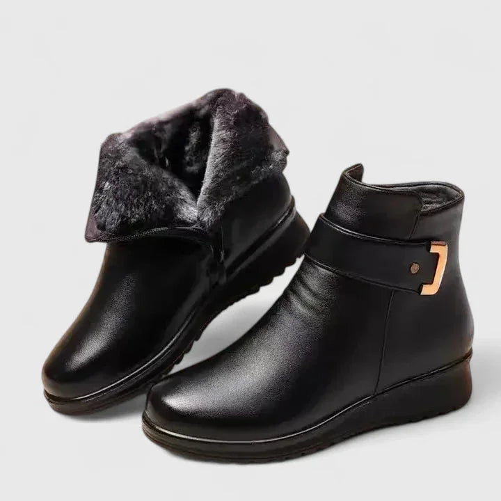 Women's faux leather side zip orthopedic ankle boots with buckle detail