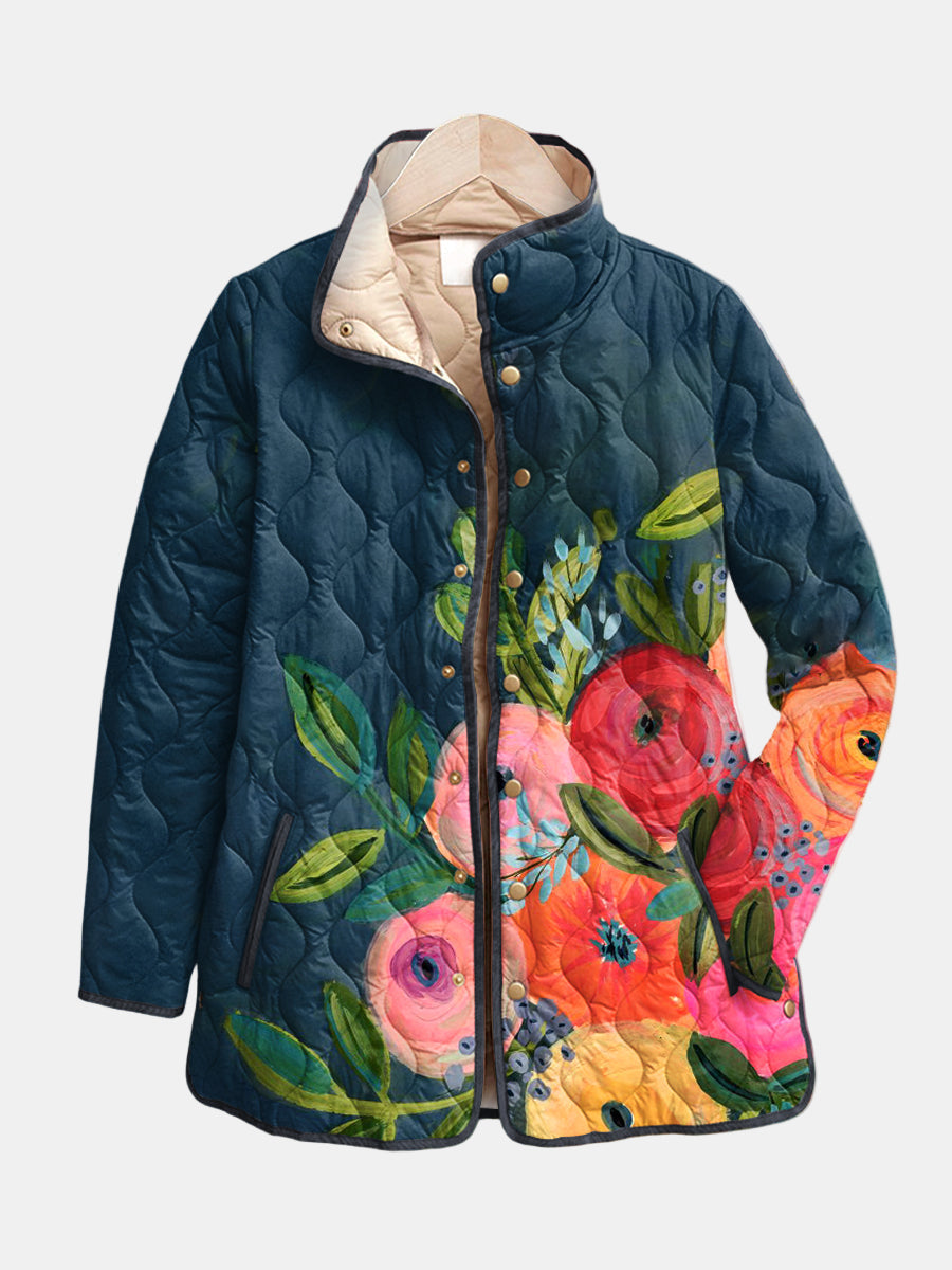 Women's Wrap Front Quilted Jacket with Bold Floral Print