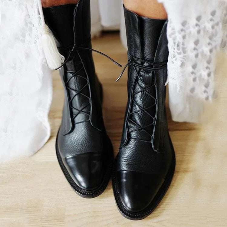 Women's faux leather lace-up knee high boots with two-tone toe cap