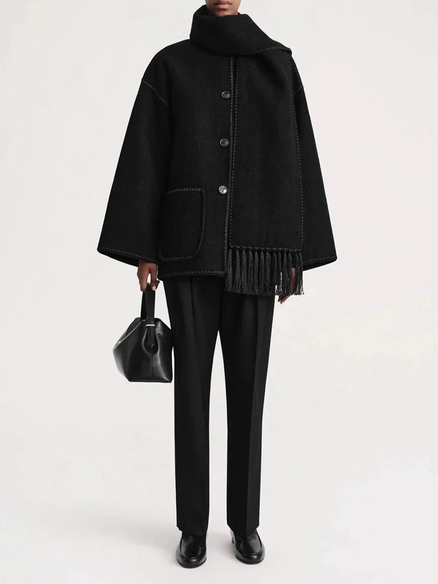 Women's wool button-front stand collar jacket with contrast piping