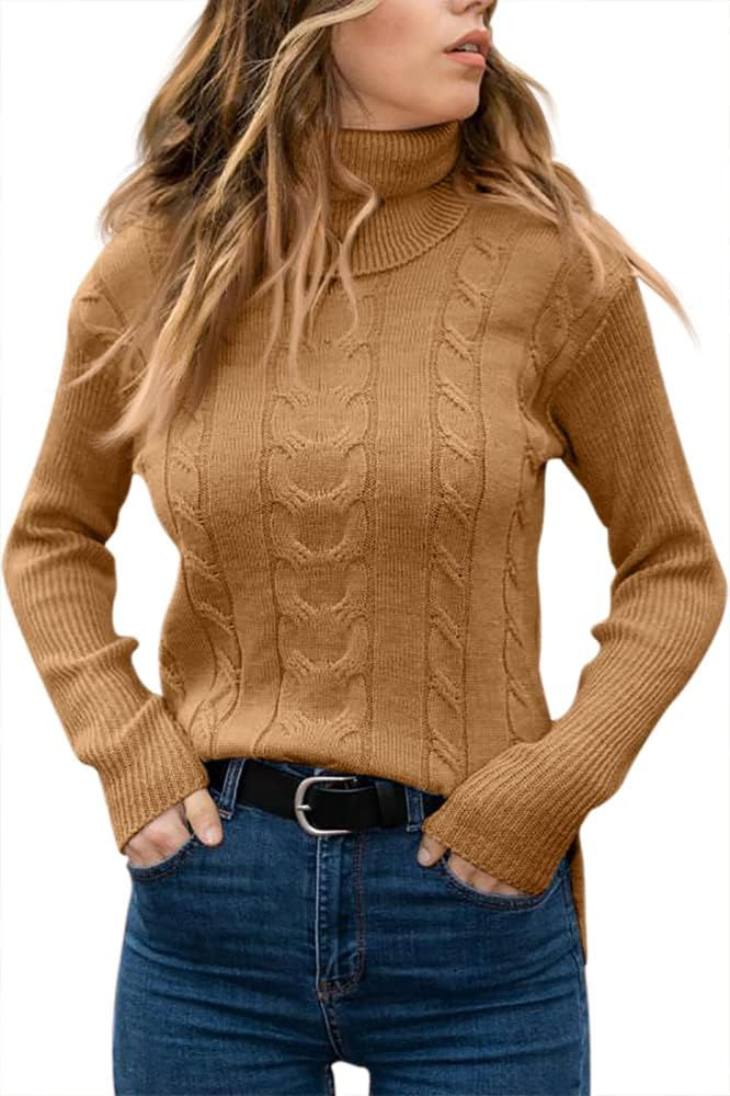 Women's Cable Knit Turtleneck Sweater with Ribbed Cuffs