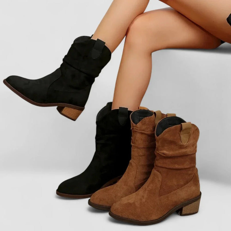 Women's suede side zip orthopedic ankle boots with slouchy shaft and block heel