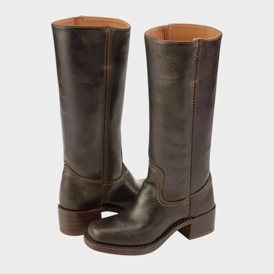 Women's faux leather knee high boots with stacked block heel