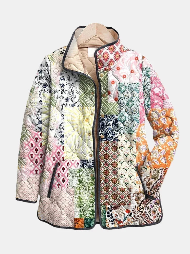Women's Oversized Quilted Jacket with Pastel Patchwork Print