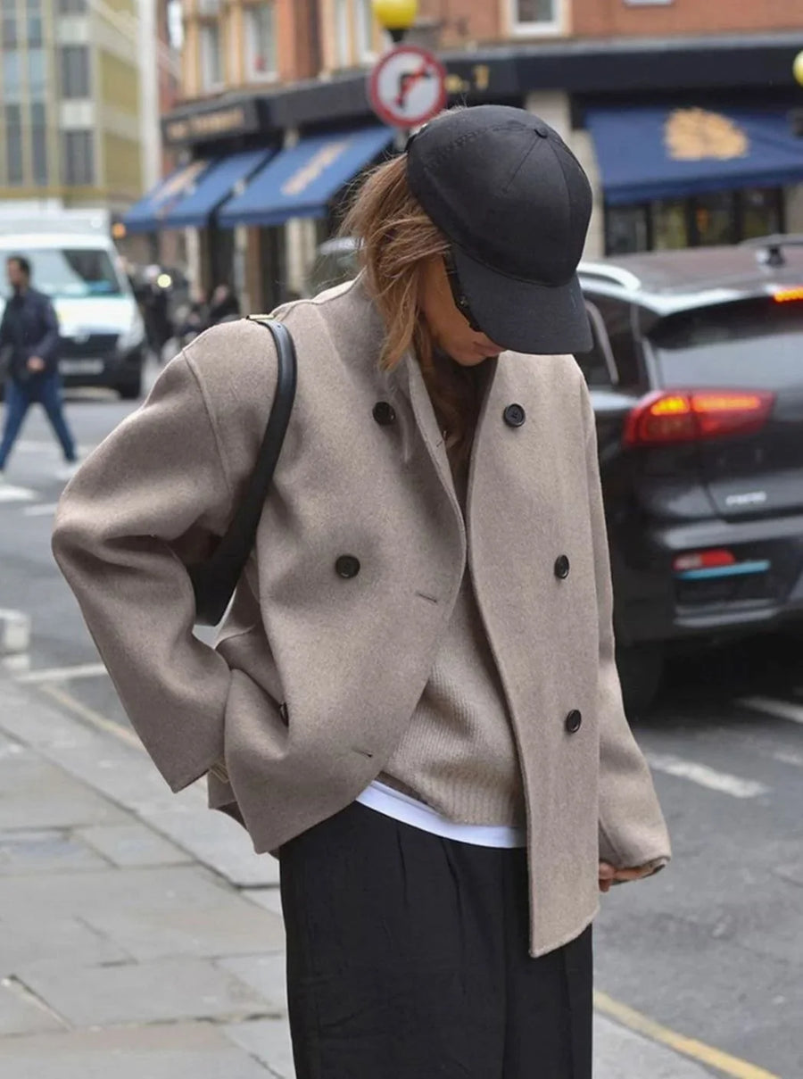 Wool Blend Pea Coat - Double Breasted Stand Collar Women's