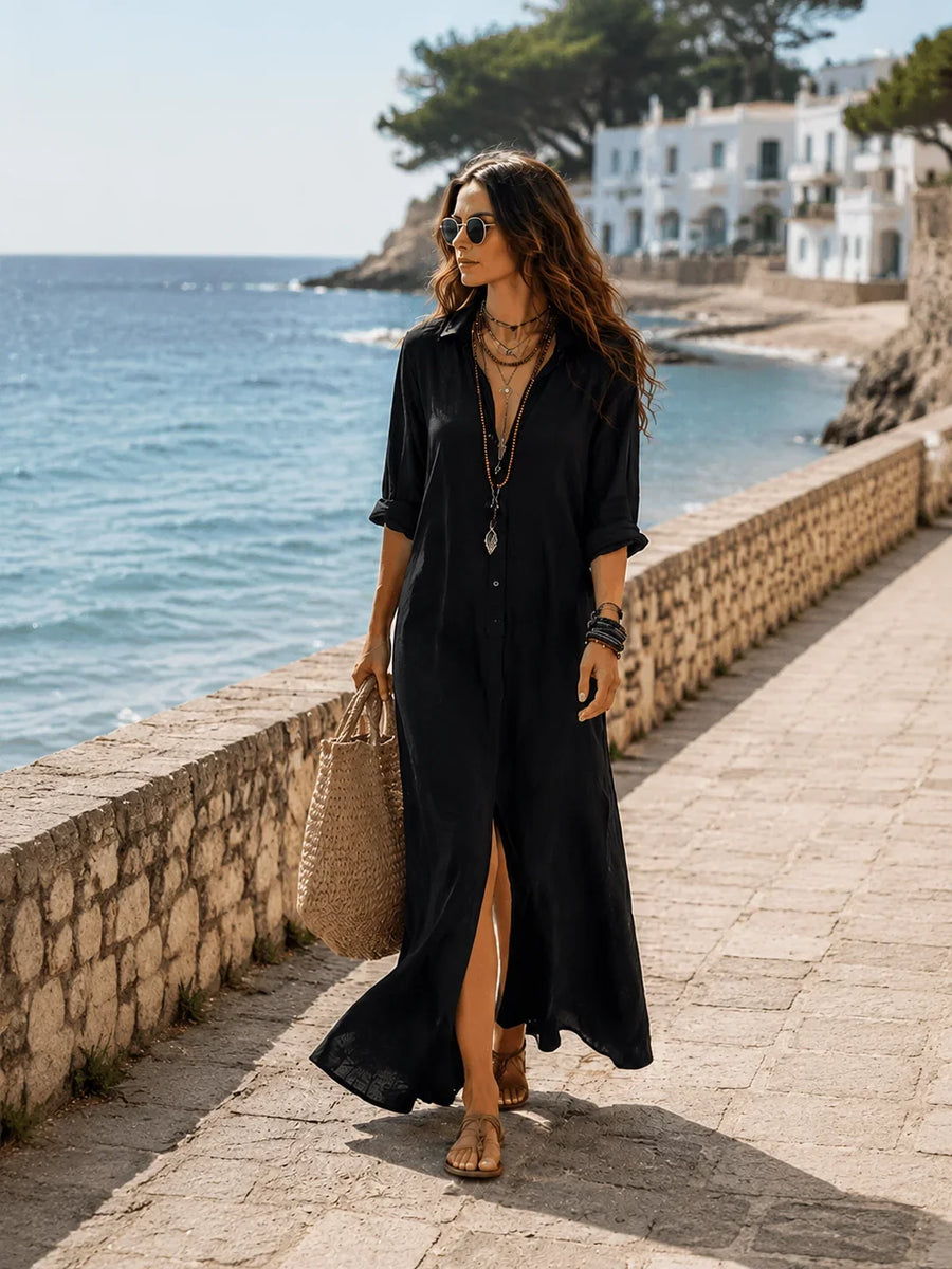 Bohemian Shirt Dress - Maxi Button Front Long Sleeve Women's