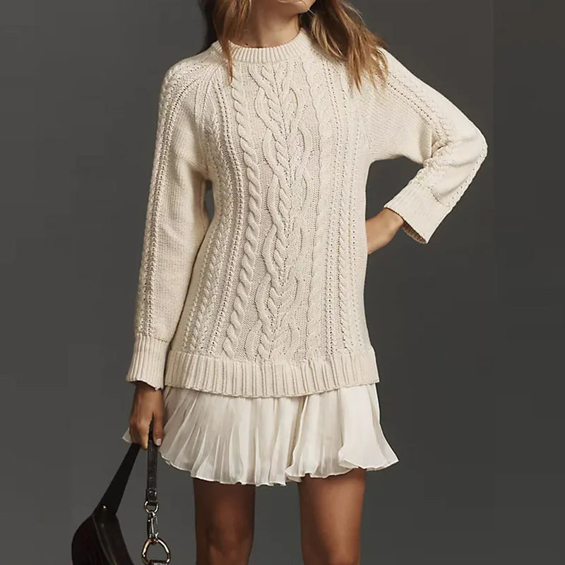 Women's Cable Knit Sweater Dress Crew Neck Pleated Hem Long Sleeve Mini
