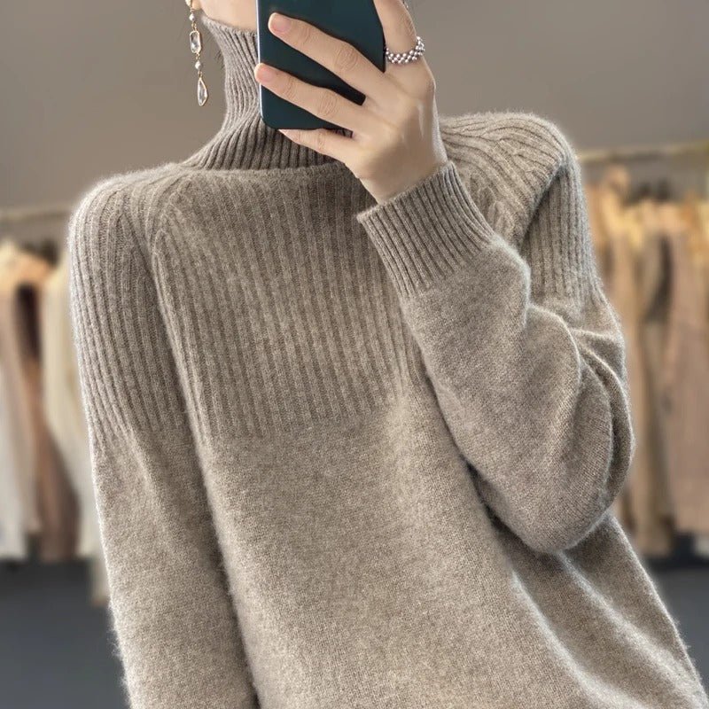 Roll Neck Sweater - Ribbed Knit Long Sleeve Women's Knit Top