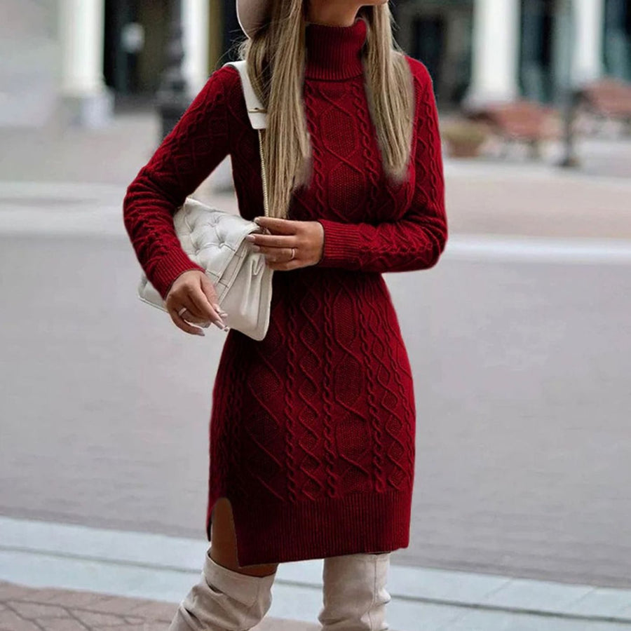 Women's Cable-Knit Long Sleeve Turtleneck Dress Side Slit