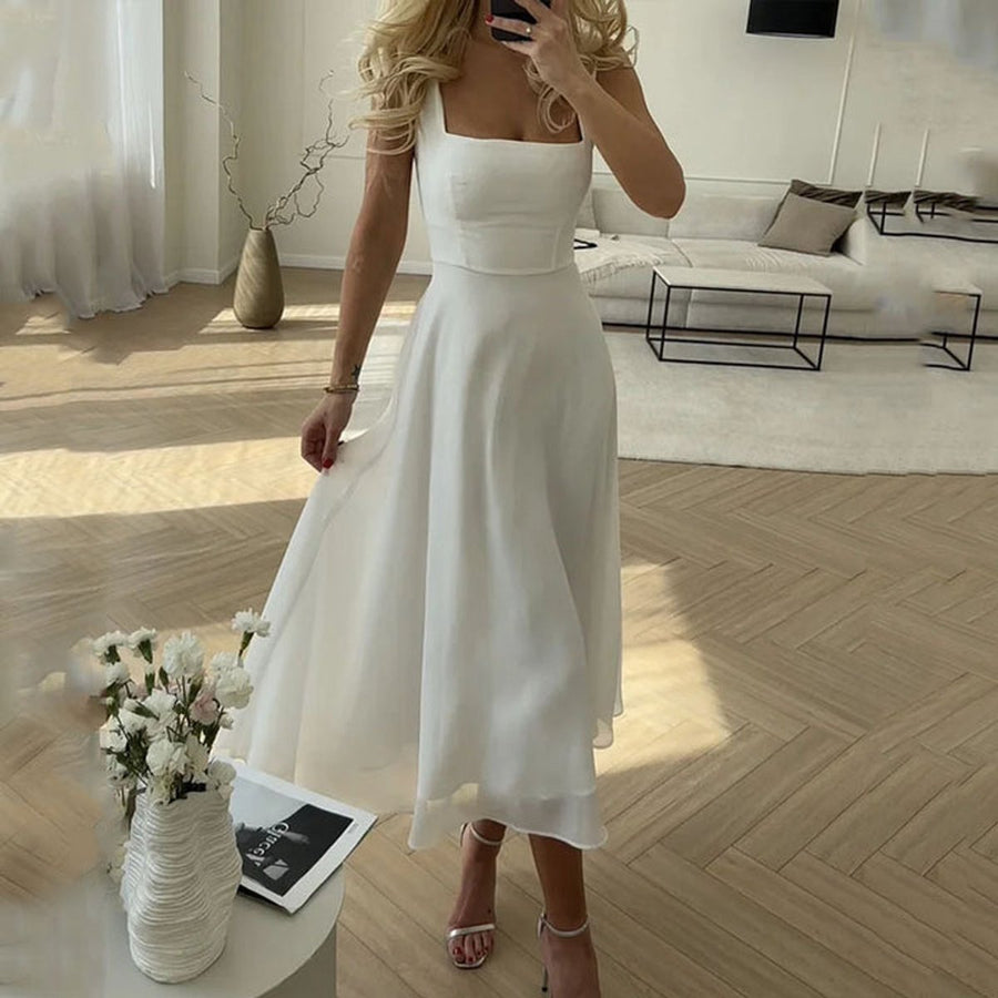 Women's Elegant Square Neck Midi Fall Wedding Guest Dress
